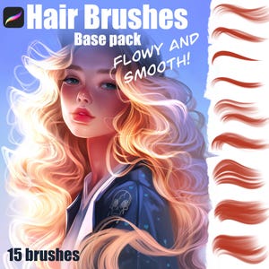 Puede incluir: Ilustración digital de una mujer con cabello rubio ondulado, mostrando un conjunto de pinceles para el cabello. La imagen incluye el texto "Hair Brushes, Base pack, Flowy and Smooth!" y "15 brushes."