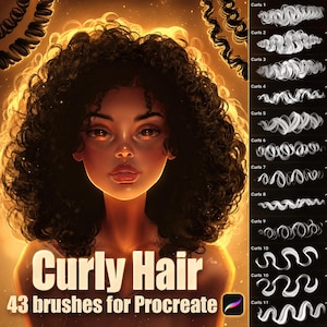 May include: Digital art featuring a woman with curly hair, with a warm, golden glow. The image includes a selection of 43 Procreate brushes for curly hair, showcasing various curl styles. Text reads "Curly Hair 43 brushes for Procreate."