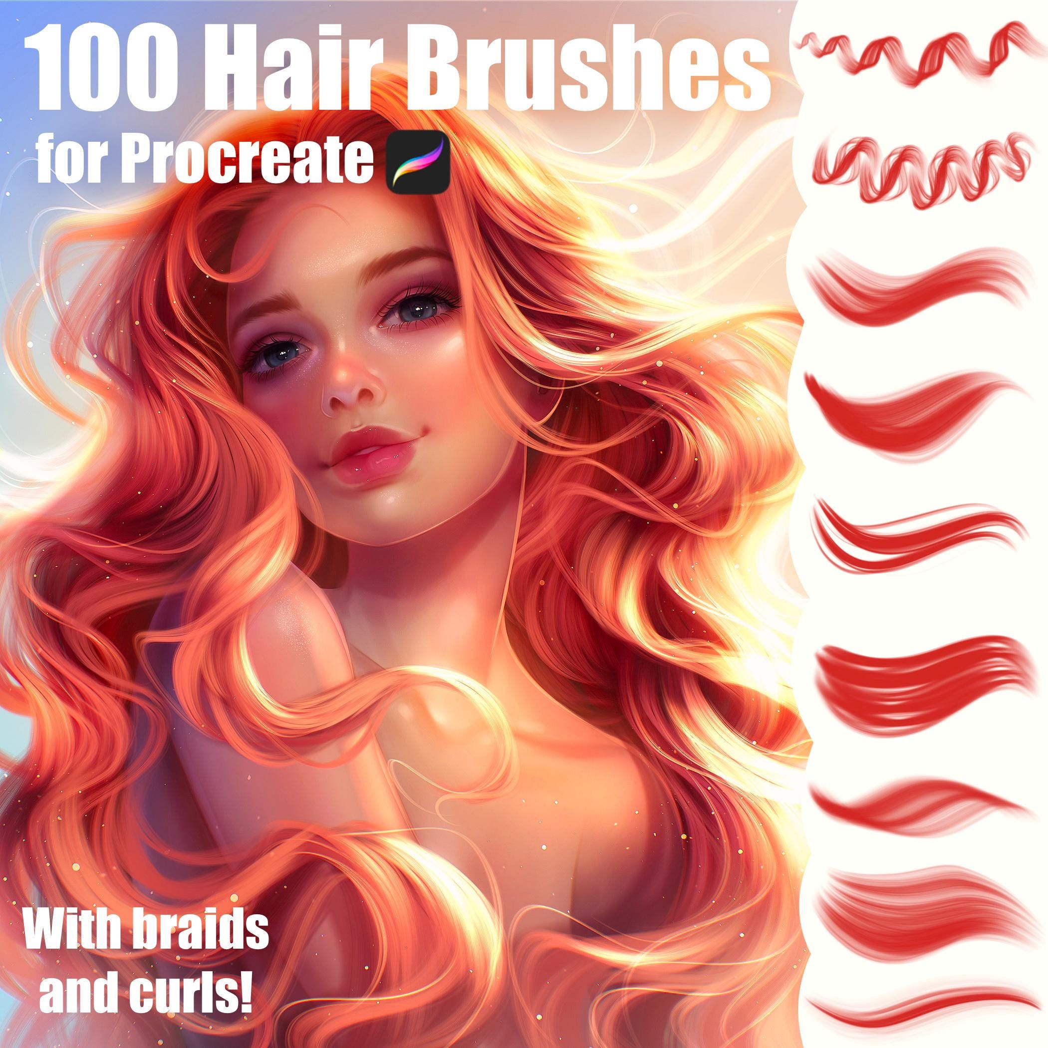 Procreate Hair Brushes Pack: 100 Realistic Hair, Braids, Curls, Brows & Lashes