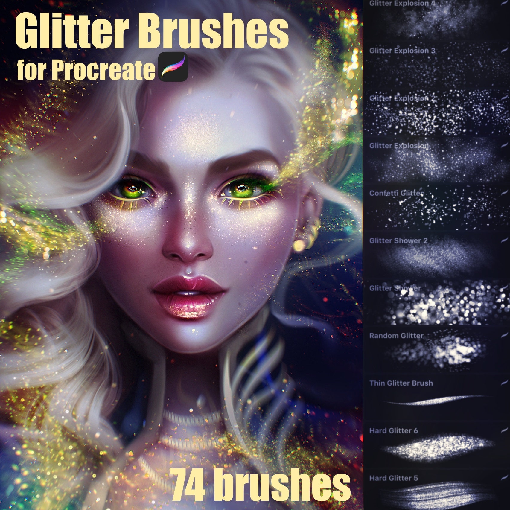 74 Glitter Brushes for Procreate – Sparkling Gold, Shimmer & Metallic Effects