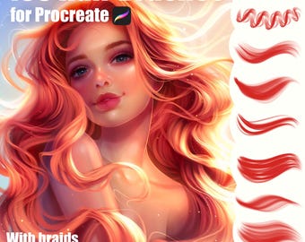 Puede incluir: Un conjunto de arte digital titulado 100 Hair Brushes for Procreate que presenta el retrato de una persona con cabello rojo largo y fluido y una columna de varias muestras de trazos de cabello rojo. El texto dice 100 Hair Brushes for Procreate.