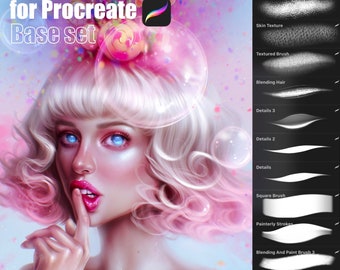 Puede incluir: Un conjunto de 44 pinceles digitales para Procreate, diseñados para el arte de personajes. Los pinceles se muestran sobre un fondo blanco con una vista previa de cada trazo de pincel. Los pinceles incluyen una variedad de texturas, herramientas de fusión y pinceles de detalle.
