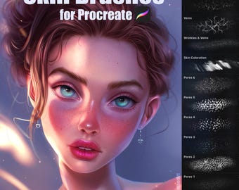 May include: A digital illustration of a woman's face with a set of 55 Procreate brushes for creating realistic skin textures. The brushes include veins, wrinkles, pores, and skin coloration.