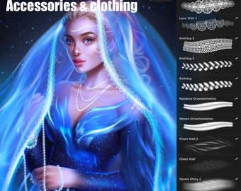 Puede incluir: Una ilustración digital de una mujer con un vestido azul y un velo. La imagen es una imagen promocional para un conjunto de 92 pinceles Procreate para accesorios y ropa. Los pinceles incluyen bordes de encaje, patrones de tejido, malla de cadena, mezclilla y más.