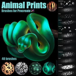 May include: A set of 40 digital brushes for Procreate featuring animal prints. The brushes include patterns like dalmatian, dinosaur, dots, dragon, elephant, fish, giraffe, and leopard. The image shows a green snake with a textured skin pattern.