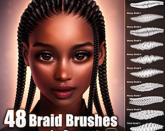 May include: Digital art featuring a woman with dark skin and intricately braided hair. The image showcases a variety of braid styles, with the text "48 Braid Brushes for Procreate" at the bottom, along with examples of different brush strokes.
