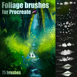 Op de afbeelding: Digitale Procreate-penselen met bladeren en bloemen. De afbeelding toont een weelderige, groene bosscène met een waterval. Tekst luidt "Foliage brushes for Procreate" en "75 brushes."