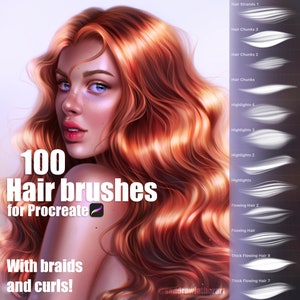 May include: A digital illustration of a woman with long, flowing red hair. The image is a promotional graphic for 100 hair brushes for Procreate, a digital art app. The text "100 Hair brushes for Procreate" is displayed in large, bold letters. The text "With braids and curls!" is displayed in smaller letters below the main text. The image also includes a variety of brush strokes that are labelled with names like "Hair Strands", "Hair Chunks", "Highlights", and "Flowing Hair".