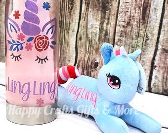 Personalized Unicorn Gift Basket / Stuffed Animal Unicorn Plush / Unicorn Water Bottle / Personalized Makeup Case Hairbrush Girl's Gifts