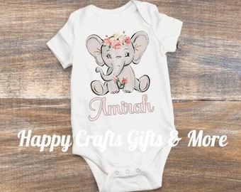 Baby Elephant Onesie , Girl Elephant Shirt , Boy Elephant Birthday Shirt , Personalized Elephant Onesie , Floral Elephant Pretty Onesie Gift