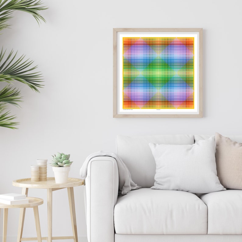 May include: A framed abstract art print with a colorful geometric pattern of overlapping lines in shades of red, orange, yellow, green, blue, purple, and pink. The background is a light yellow color.