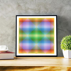 May include: A framed print of a colorful abstract geometric design with a grid pattern in shades of red, orange, yellow, green, blue, purple, and pink.