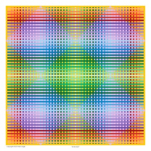 May include: Abstract geometric artwork with a grid pattern in shades of red, orange, yellow, green, blue, and purple. The grid is set against a yellow background.