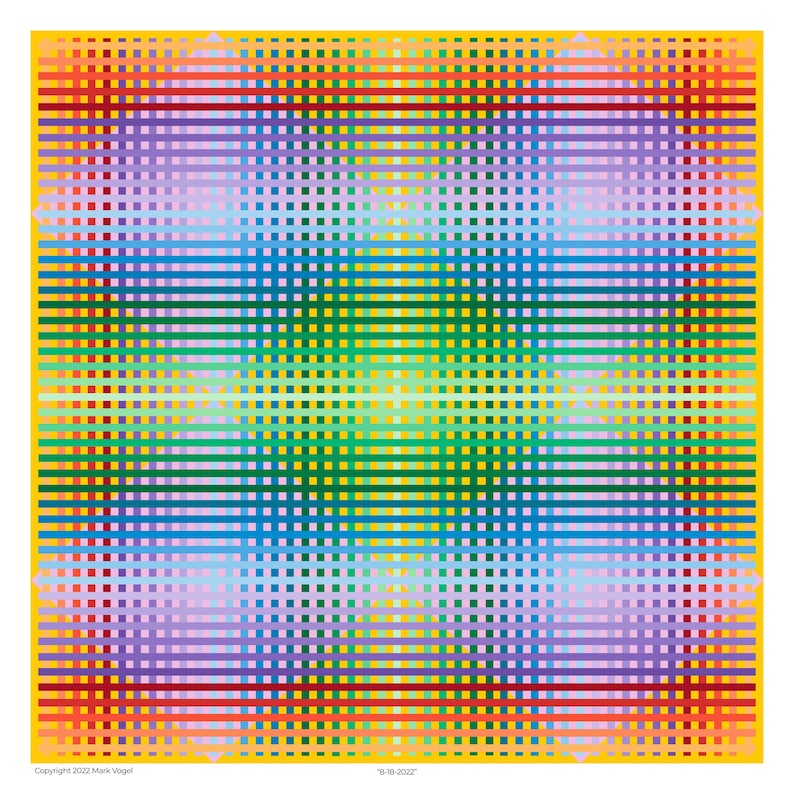 May include: Abstract geometric artwork with a grid pattern in shades of red, orange, yellow, green, blue, and purple. The grid is set against a yellow background.