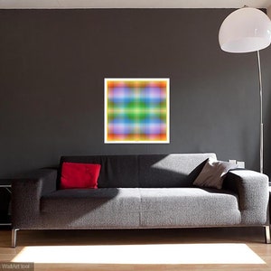 May include: A gray couch with red and gray throw pillows in a living room with a colorful abstract painting on the wall.