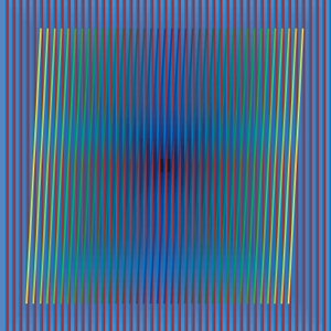 Op-art print, hedendaagse beeldende kunst, geometrisch abstract, psychedelisch Hardedge Moiré-ontwerp, Carlos Cruz Diez-stijl muurposter, gesigneerd