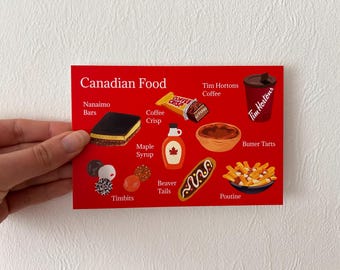 May include: A red and white illustration of Canadian food items, including Nanaimo bars, coffee crisp, maple syrup, beaver tails, timbits, poutine, butter tarts, and Tim Hortons coffee.