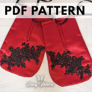 May include: PDF pattern for a pair of red satin wrist cuffs with black lace and sequin embellishments. The cuffs have a ribbon tie closure.