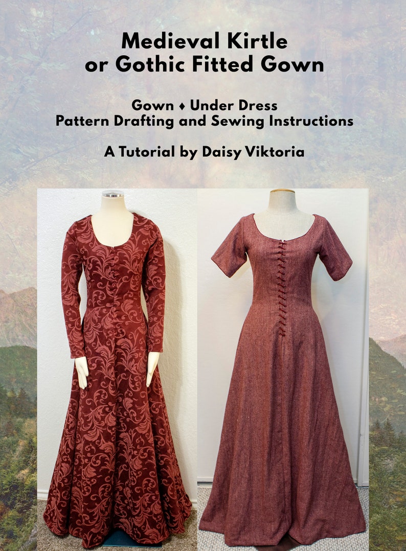 Medieval Dress Kirtle, Cotehardie, Gothic Fitted Gown, 14th century PDF Tutorial Pattern Drafting and Sewing image 2