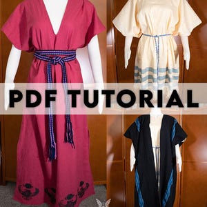 Puede incluir: Tres estilos diferentes de túnicas con un tutorial PDF. Las túnicas están hechas de diferentes telas y colores, incluyendo rojo, crema y negro. Las túnicas tienen un diseño simple y holgado con cuello en V y mangas cortas. Las túnicas se atan a la cintura con un cinturón.