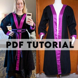 May include: Black robe with a vibrant purple trim and accents, displayed on a mannequin and worn by a person. The robe features a V-neck design and a matching belt. The text "PDF TUTORIAL" is overlaid on the image, along with the name "Daisy Viktoria".