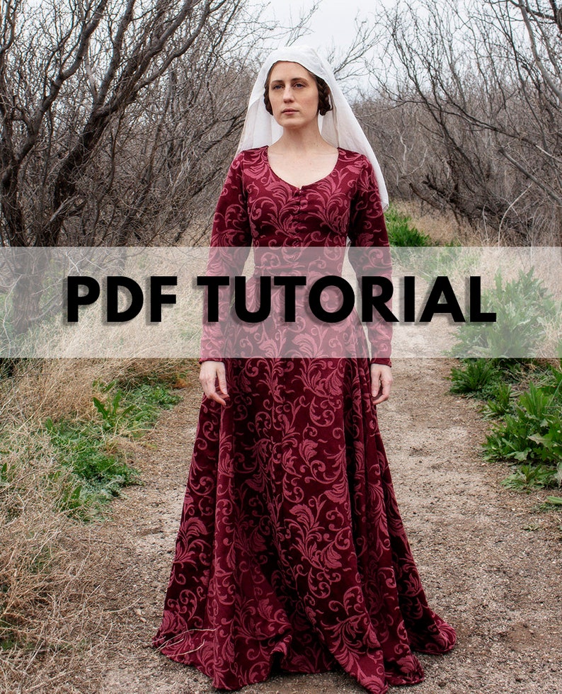 Medieval Dress Kirtle, Cotehardie, Gothic Fitted Gown, 14th century PDF Tutorial Pattern Drafting and Sewing image 1