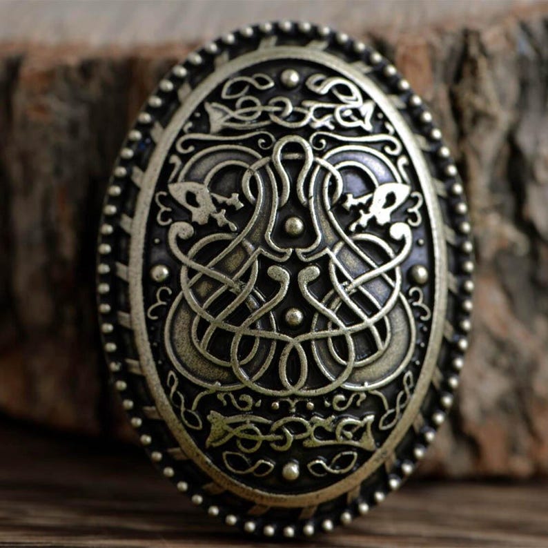 Conjunto de broches nórdicos/vikingos estilo tortuga con diseño de dragón - Color bronce imagen 2