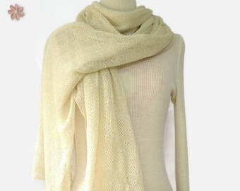 Natural linen fine beige knitted wrap, wide scarf, lace shawl, long knitted soft stole, summer throw