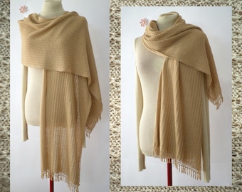 Wide long scarf with crochet edging, fine soft natural knitted wrap, womens stole.