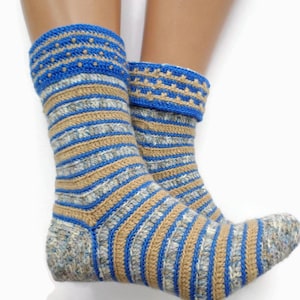 Woolen socks Soft blue beige striped slipper boots Durable home bed socks