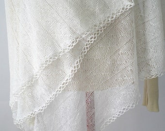 Fine linen knitted poncho, natural lacy womens wrap with crochet edging