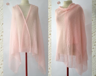 Pink fine kid mohair wrap, wedding shoulder blanket, knitted wide long scarf, light warm throw, long knitted soft wrap