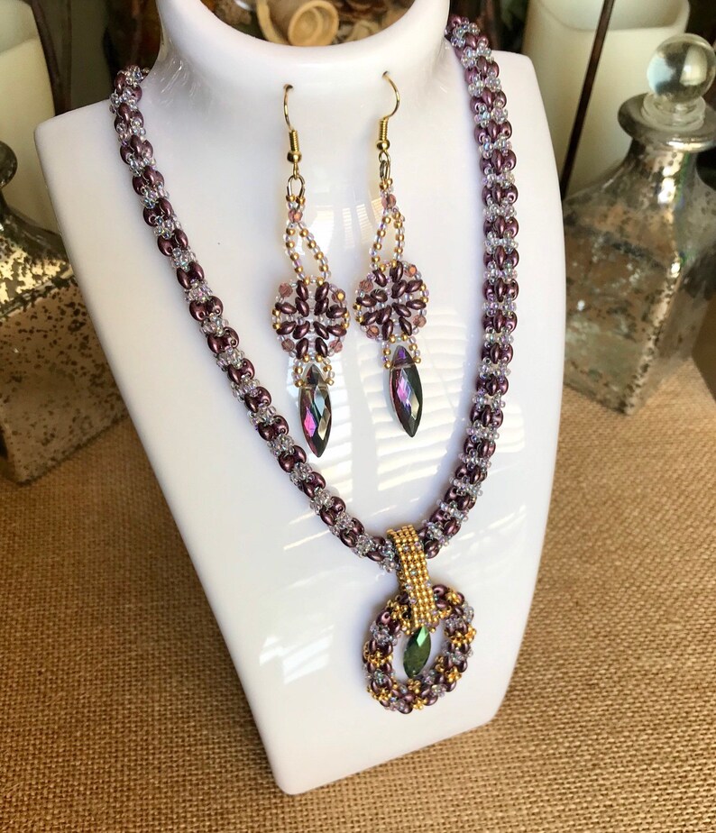 2 piece set necklace focal pendant and matching earings shades of purple with gold accents