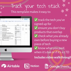Może przedstawiać: Grafika w kolorze różowym i białym z gwiazdami i falistymi liniami. Tekst "Track your tech stack" znajduje się u góry grafiki. Tekst "This template makes it easy to:" znajduje się pod tytułem. Lista zaznaczeń z tekstem: "track the tech you've signed up for", "ensure you don't buy products that overlap", "check what you already own before buying a new piece of tech", "know what you paid, when it's due or if it's a LTD". Tekst "Includes video walkthrough" znajduje się pod listą. Tekst "Airtable", "Notion", i "Google Sheets" znajduje się na dole grafiki.