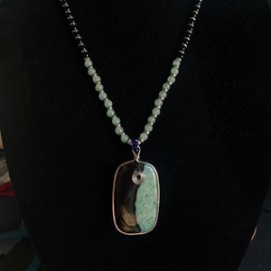 Aventurine and Onyx Beaded Necklace with Pendant, Handmade, Gemstone, Collar Necklace, Semiprecious Stone, Jewelry for Women, Green, Black