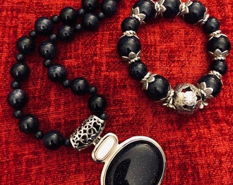 Set di collana e bracciale con ciondolo Blue Goldstone, gioielli fatti a mano, gioielli da donna, perline, regalo, gioielli di tendenza, set di gioielli in 2 pezzi
