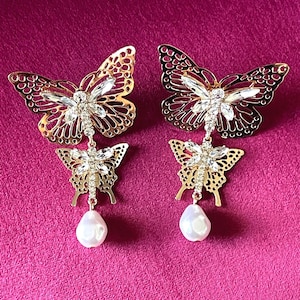 Long Gold Butterfly Earrings with rhinestones and Faux Pearl Bead, Butterfly Jewelry, Gold Earrings, Dangle Earrings