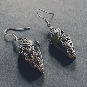 Teardrop Shaped Labradorite Earrings with Antique Silver Floral Design, Handmade, Gemstone Jewelry for Women, Semiprecious Stone, Flower