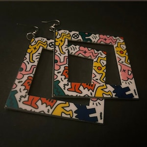 Extra Große quadratische Multicolored Graffiti Style Ohrringe, Acryl, Mode Ohrringe für Frauen, Statement Schmuck, Party Schmuck