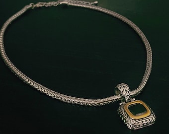 Square Silver Black and Gold Pendant Necklace, Designer Inspired Silver Chain, Faux Stone Collar Necklace, Gift for Her