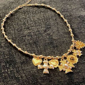 16&quot; Gold Beaded Necklace with Heart and Cross Pendants