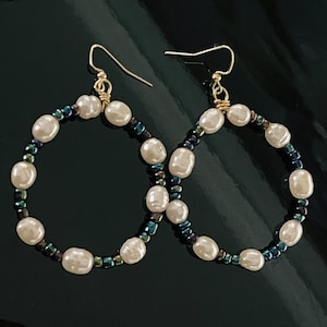 Medium Sized Faux Pearl and Iridescent Colored Seed Bead Hoop Earrings, Handmade Wire Earrings, Gift for Her