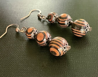 Brown and Black Round  Wood Bead  Drop Earrings, Handmade Earrings, Minimalist Dangle Earrings, Gift for her