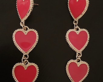 Triple Red Heart Drop Earrings, Handmade Earrings, Statement Jewelry, Enamel Earrings, Fashion Jewelry, Dangle Earrings, Long