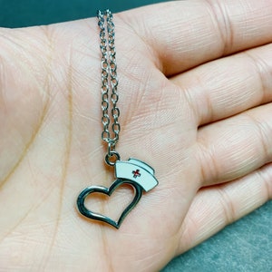 Nurse Heart Pendant Necklace, Medical Personnel Pendant, Silver Tone Link Chain, Front Line Worker Necklace, Appreciation Gift