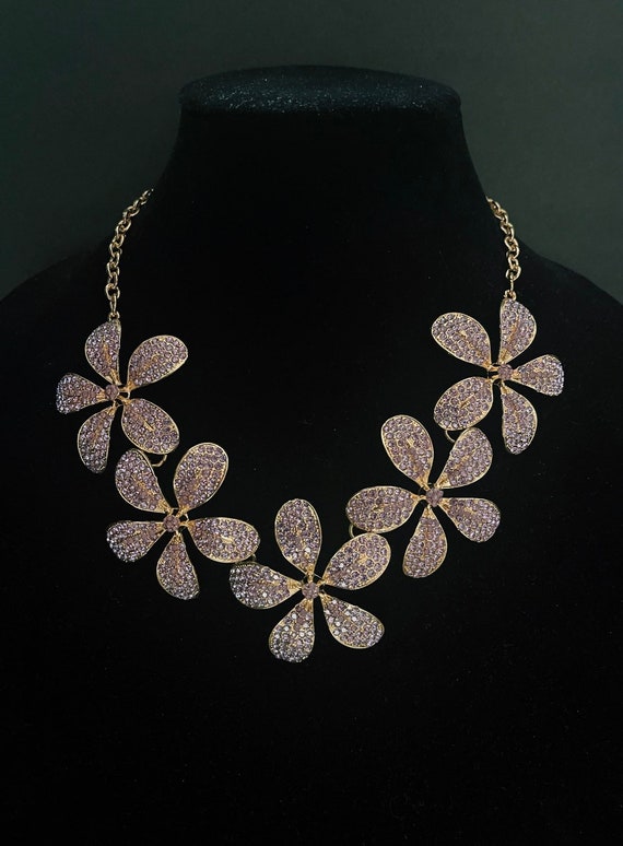 Gold and purple crystal flower chandelier necklace 