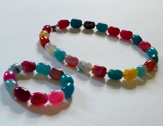 Multicolored Quartz Barrel Bead Necklace and Stretch Bracelet Set, Gemstone, Choker, Gift Set for Women, Chunky, Bohemian Jewelry, Knotted