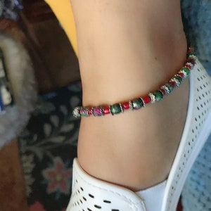 Handmade Ruby Zoisite Anklet with red crystal beads, Women's gemstone body jewelry