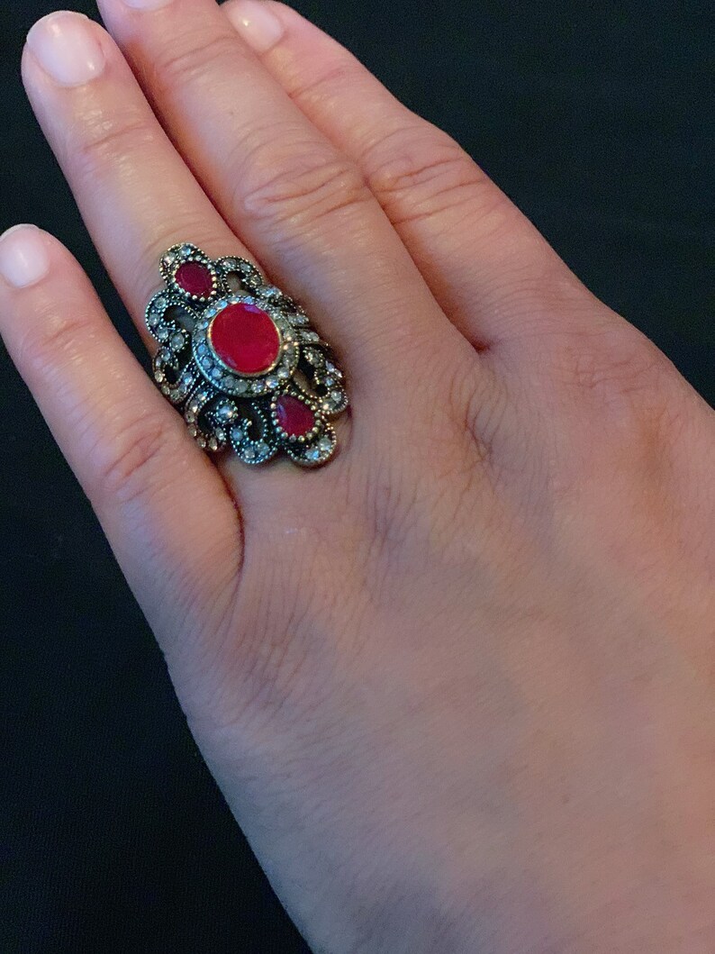 Indian Turkish jewelry Ethnic Ring For Women Bijoux Femme Black cocktail ring Resin Carved Ring with crystal rhinestones Size 10