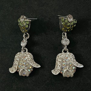 Crystal Rose Drop Earrings, Dangle Earrings, Fashion Earrings, Sparkling Jewelry for Women, Clear, White, Green, Flower Earrings